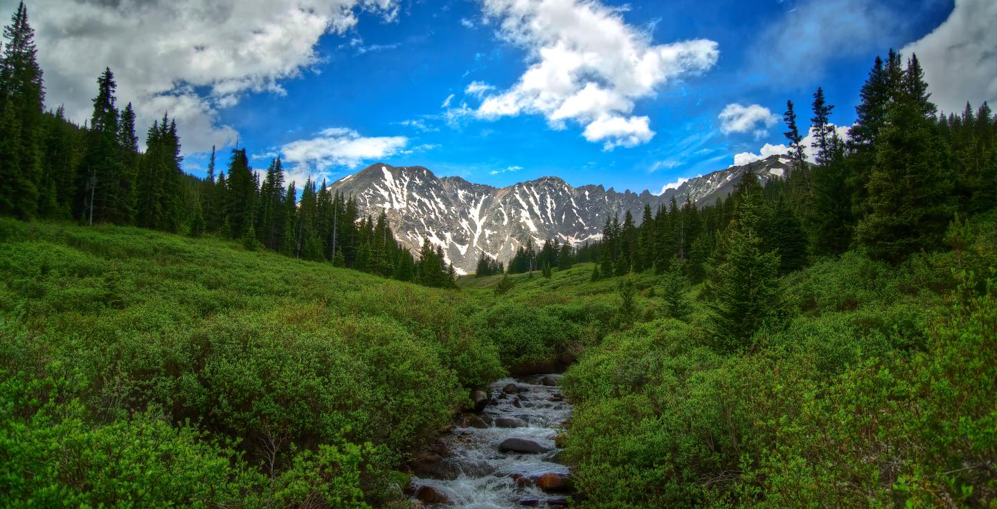 Photo. A creek cuts through green grass and trees with mountains in the distance, a partly cloudy sky overhead.